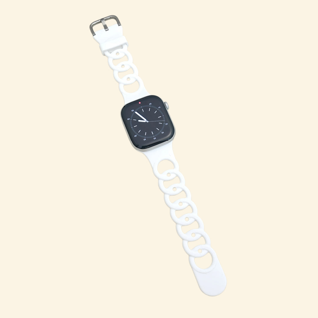 Pure White Cutout Chain Link Silicone Band — flat lay showing full strap length and chain link detail