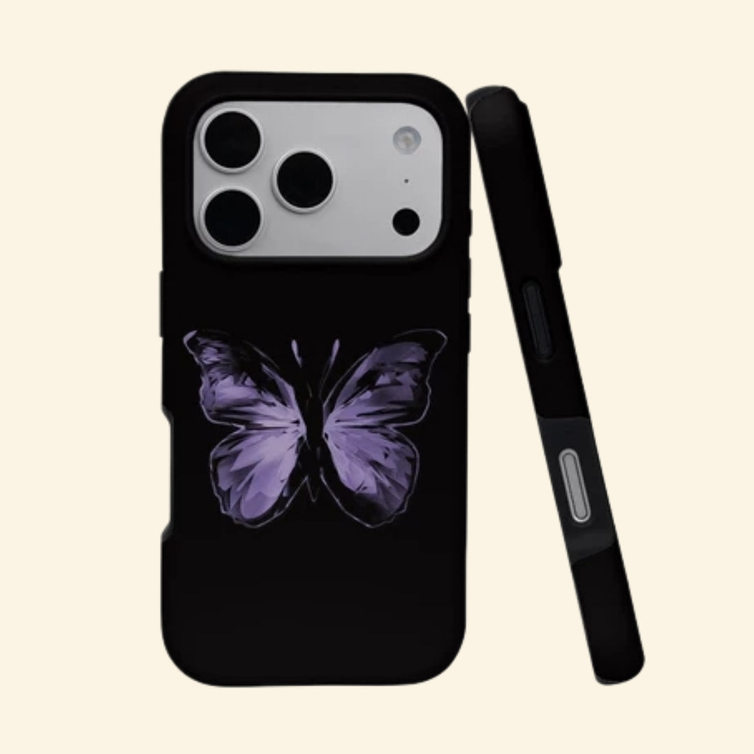 The Amethyst Wing case – angled top floating view showing luminous lavender-purple crystal butterfly centered on pitch-black matte