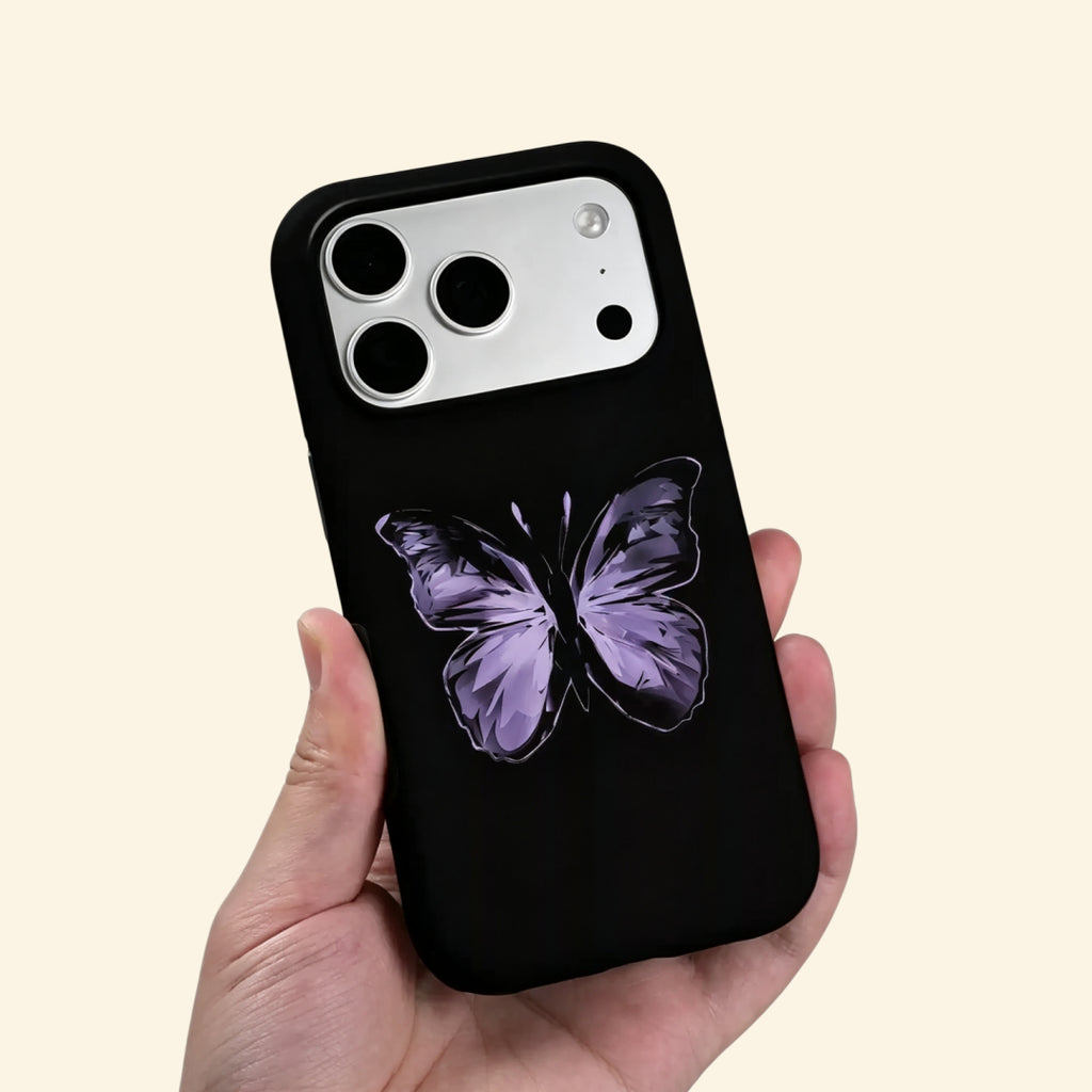 The Amethyst Wing case – low-angle side floating view showing camera island and crystalline butterfly wing facet detail