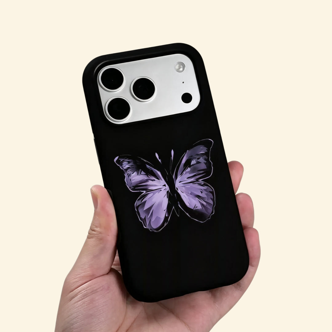 The Amethyst Wing case – low-angle side floating view showing camera island and crystalline butterfly wing facet detail