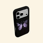 The Amethyst Wing case – flat lay back and side profile showing full amethyst butterfly artwork and dual-layer matte black shell