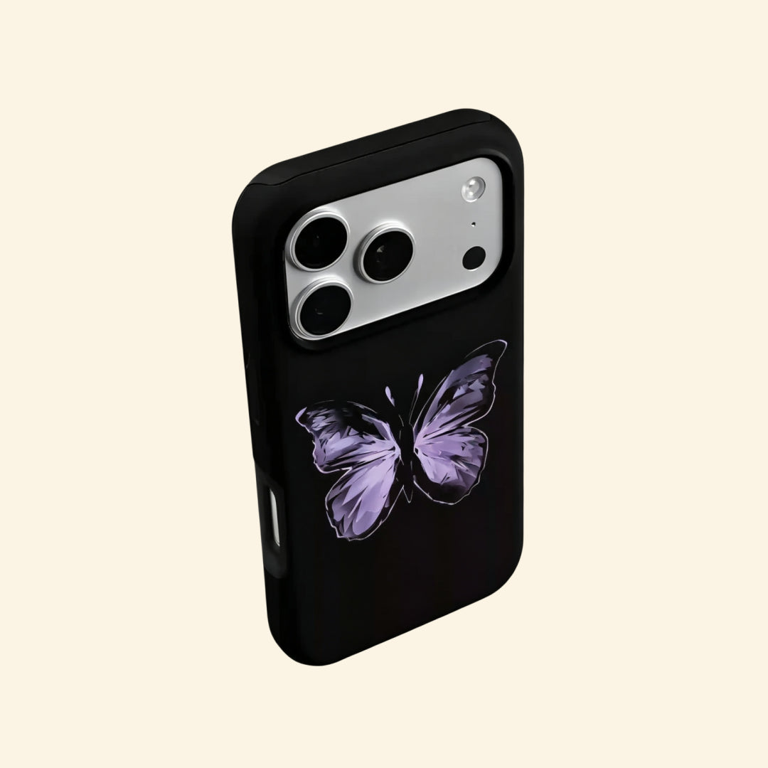 The Amethyst Wing case – flat lay back and side profile showing full amethyst butterfly artwork and dual-layer matte black shell