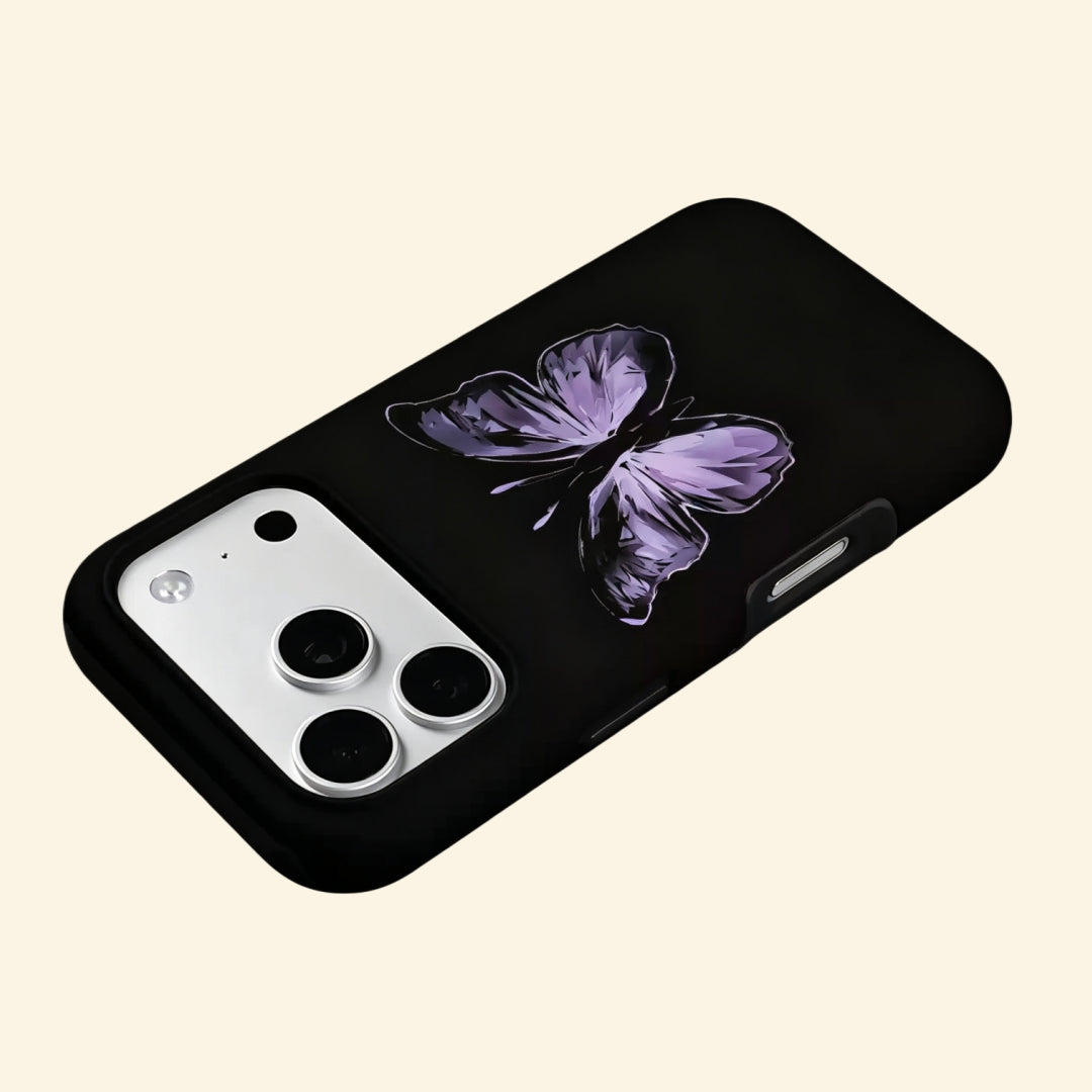 The Amethyst Wing case – second angled floating view showing translucent wing texture and deep obsidian matte black contrast