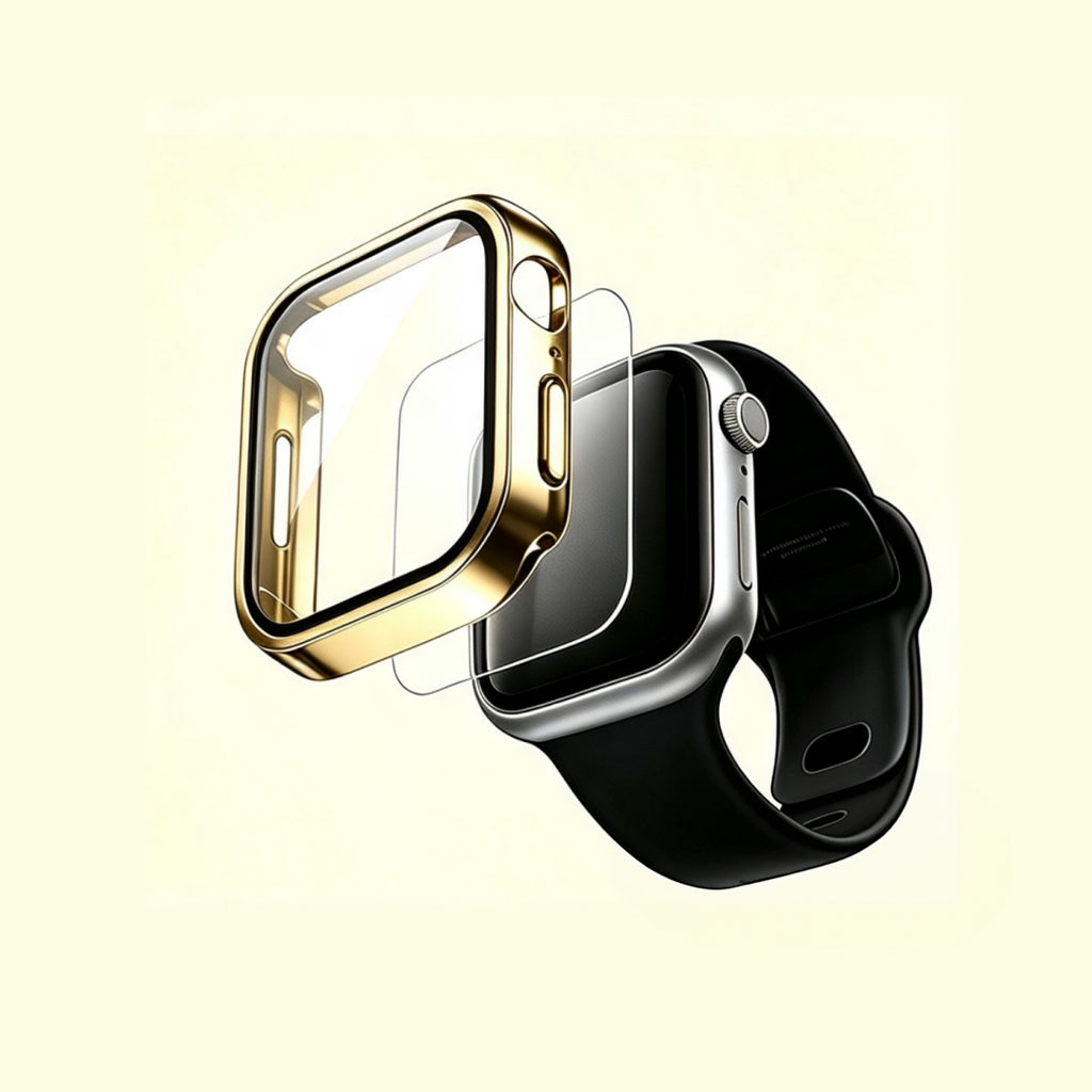 The Golden Vault Aureus Gold – exploded view showing case, glass, and Apple Watch