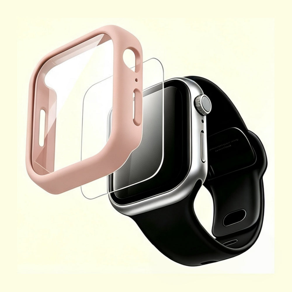 The Velvet Armor Blush Pink Matte – exploded view showing case, glass, and Apple Watch