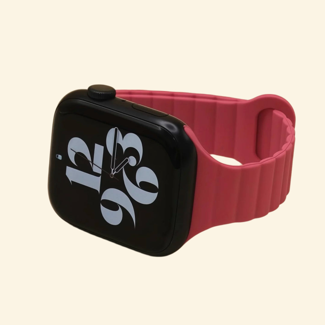 Rose Magenta Magnetic Silicone Band — front face view on Apple Watch