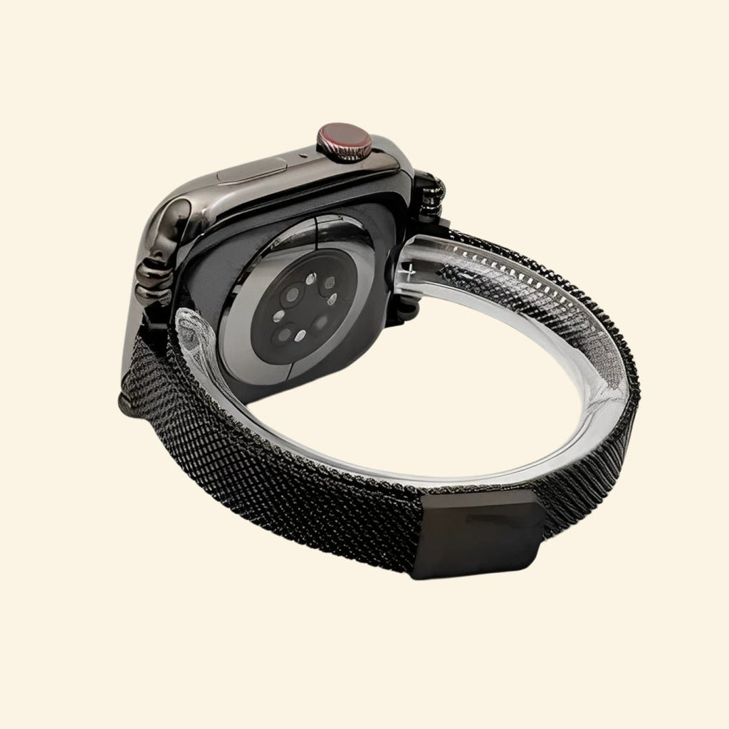 Obsidian Black Milanese Mesh Band with Vintage Lugs for Apple Watch - Carapace StudioWatch BandCarapace StudioCarapace StudioCS-5646-OBS-MIL-1Apple Watch Ultra 3 (49mm)Obsidian Milanese Mesh Band — full band rear view on Apple Watch