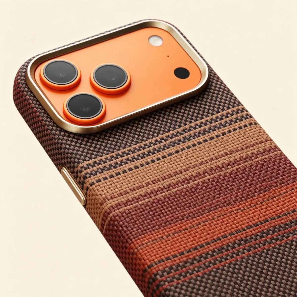 Specimen No. 10550 — Earthy Strata Gradient Aramid Case for iPhone - Carapace StudioiPhone CaseCarapace StudioCarapace StudioCS-10550-STRATA-1iPhone 17 Pro MaxSpecimen No. 10550 Strata Tapestry Aramid iPhone Case — champagne-gold camera bezel close-up