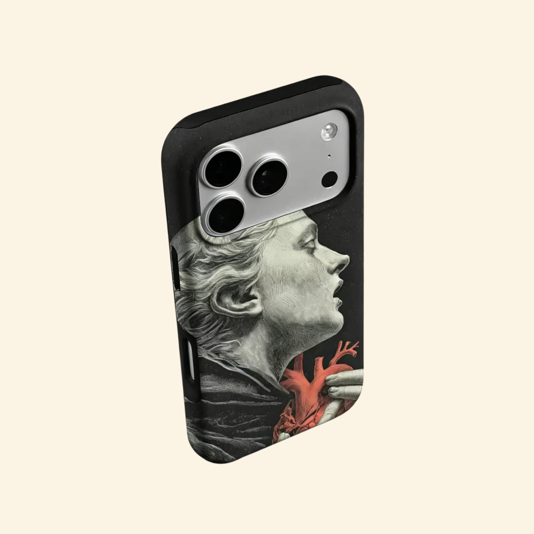 The Anatomy of Passion case – front flat lay with side profile showing full anatomical heart and classical statue engraving artwork