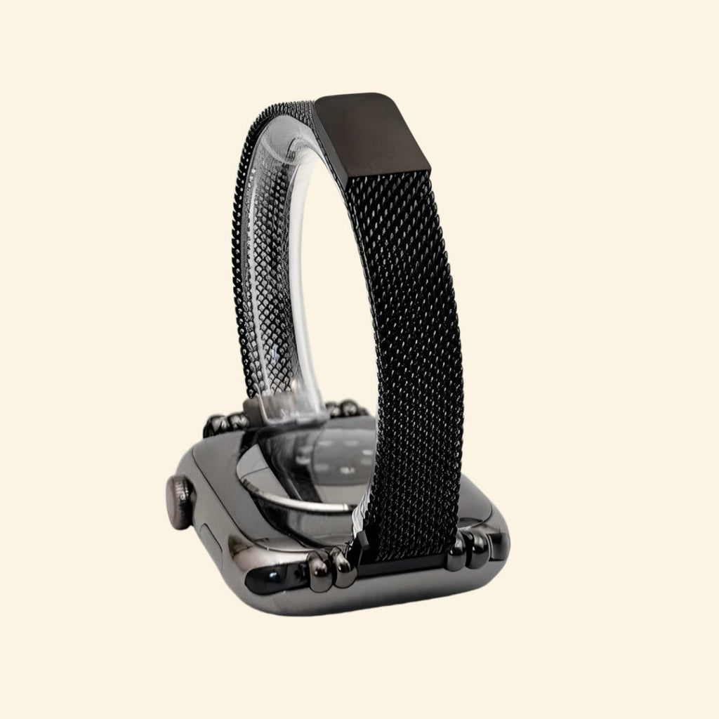 Obsidian Black Milanese Mesh Band with Vintage Lugs for Apple Watch - Carapace StudioWatch BandCarapace StudioCarapace StudioCS-5646-OBS-MIL-1Apple Watch Ultra 3 (49mm)Obsidian Milanese Mesh Band — standalone band display with vintage lug detail