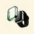 The Botanical Shield Emerald Green – exploded view showing case, glass, and Apple Watch
