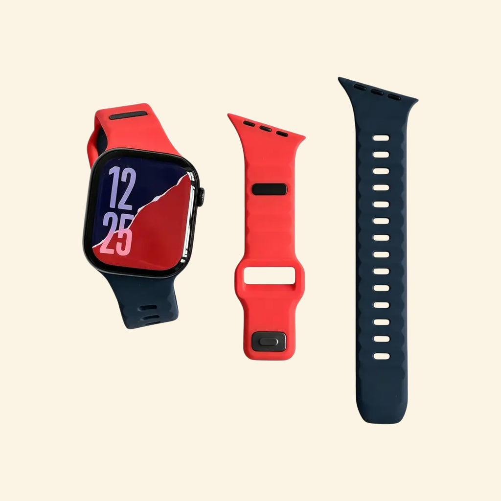 Dual-Tone Ocean Wave Apple Watch Band — crimson red and navy band components on cream background