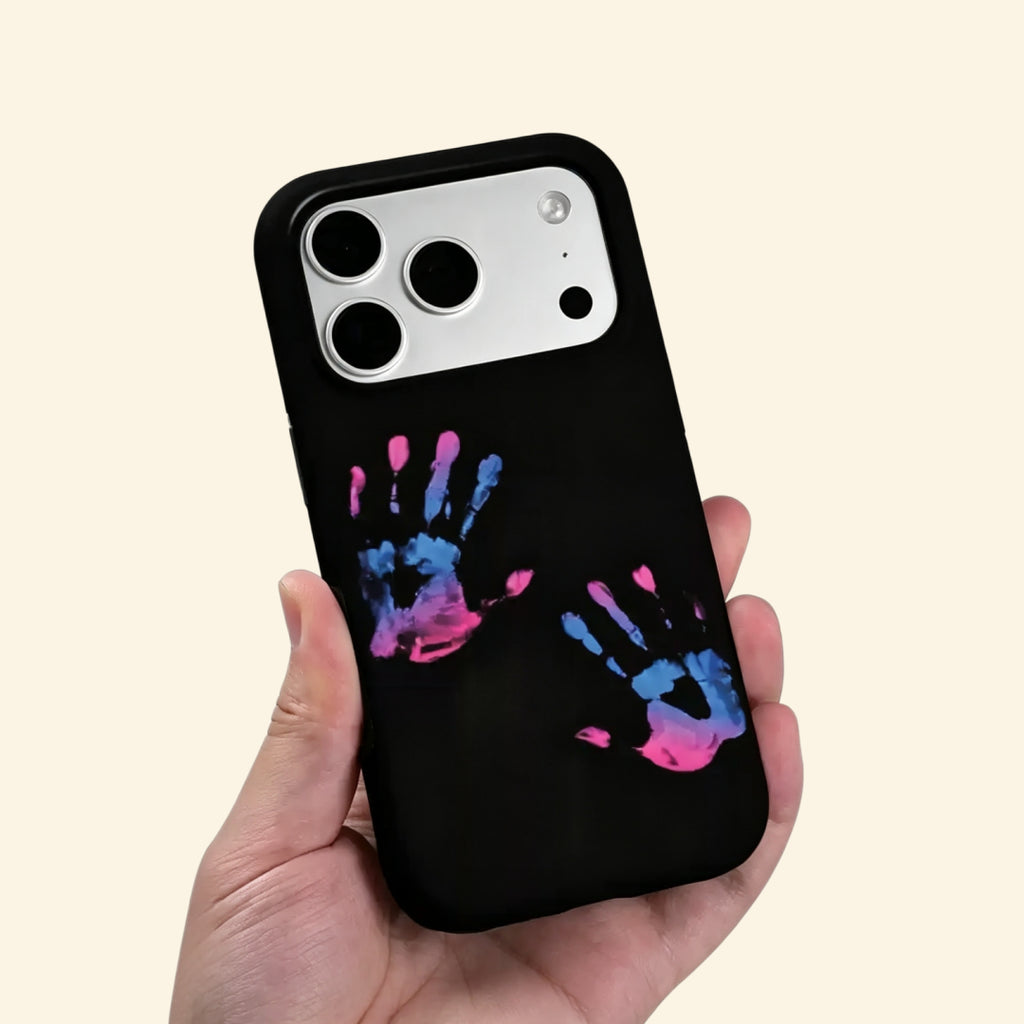 The Neon Impressions case – flat lay back and side profile showing full neon handprint artwork and dual-layer matte black shell
