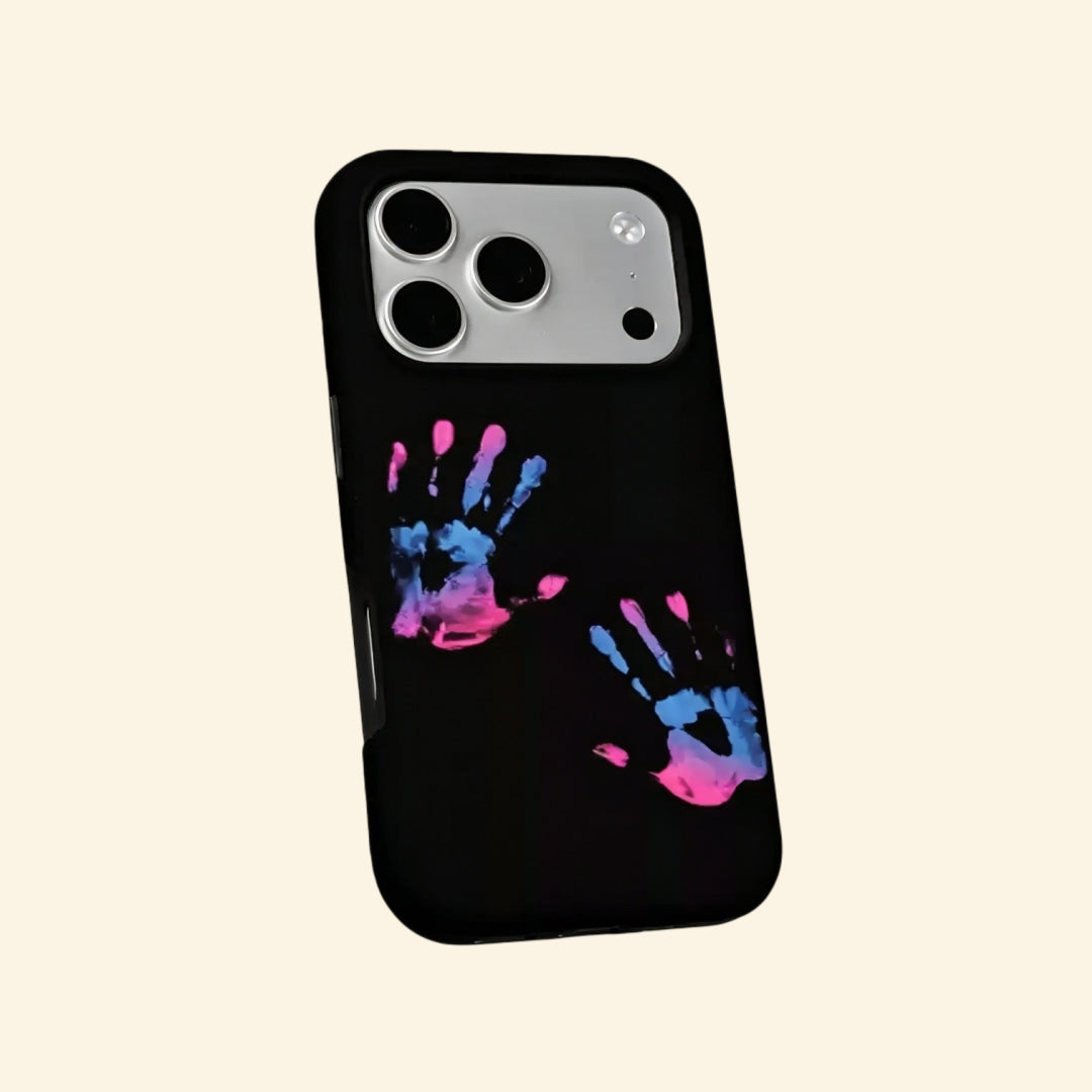 The Neon Impressions case – second angled floating view showing raw paint stroke texture and neon gradient detail