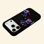 The Neon Impressions case – third angled floating view showing full neon handprint composition and camera island