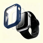 The Velvet Armor Midnight Blue Matte – exploded view showing case, glass, and Apple Watch