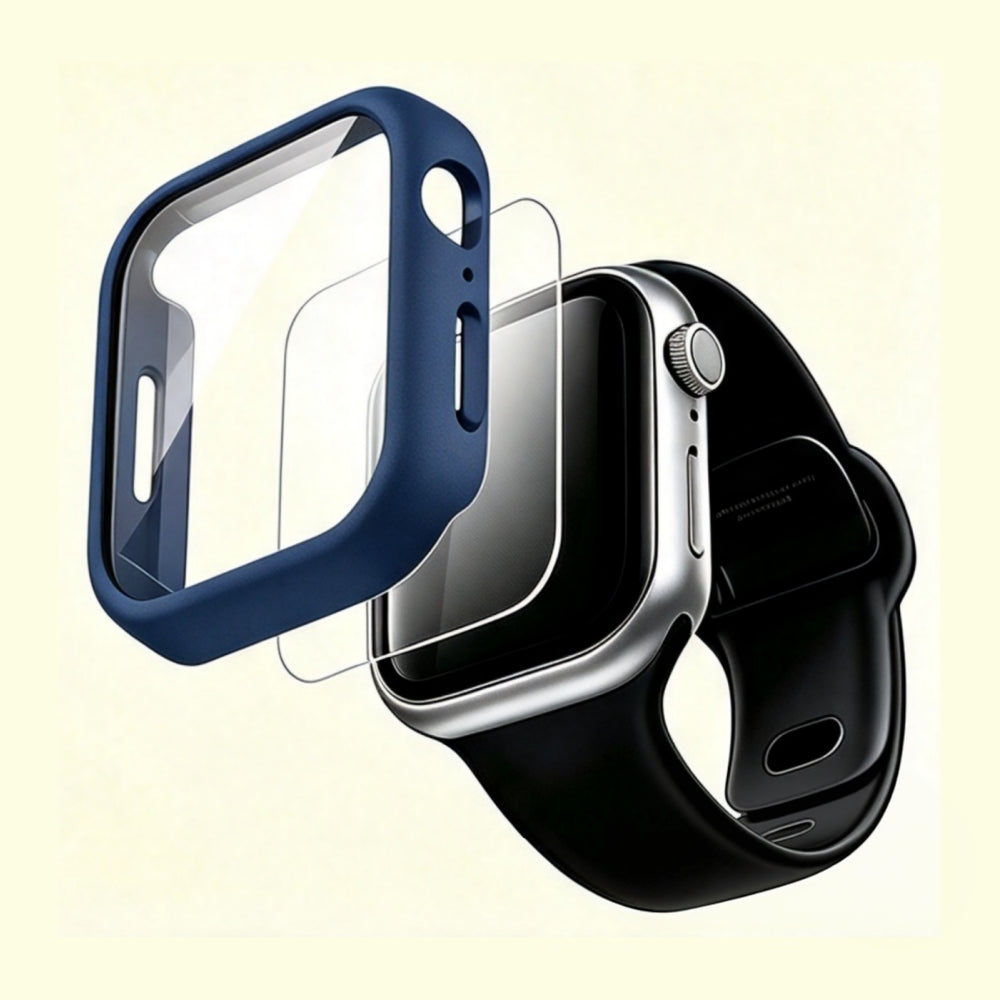 The Velvet Armor Midnight Blue Matte – exploded view showing case, glass, and Apple Watch