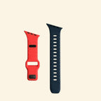 Dual-Tone Ocean Wave Apple Watch Band — angled view on wrist, crimson and navy contrast