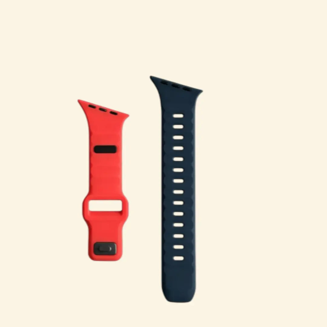 Dual-Tone Ocean Wave Apple Watch Band — angled view on wrist, crimson and navy contrast