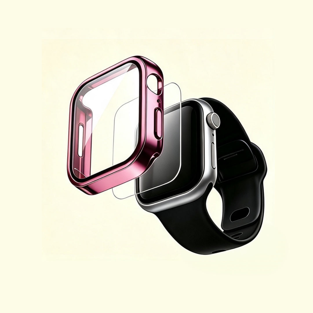 The Velvet Prism Magenta Rose – exploded view showing case, glass, and Apple Watch