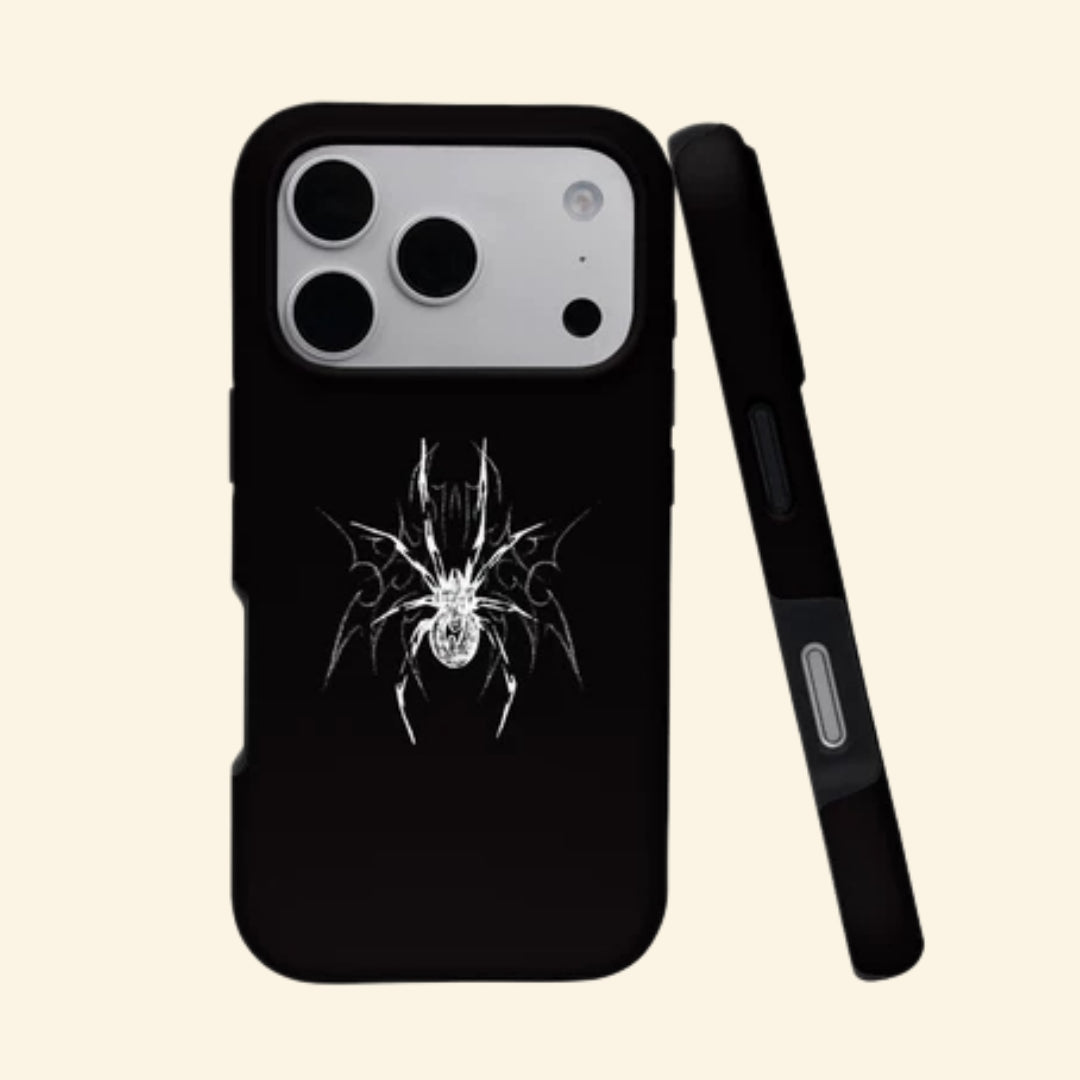 The Silver Arachnid case – angled top floating view showing silver-white tribal spider with cyber sigilism geometry on pitch-black matte