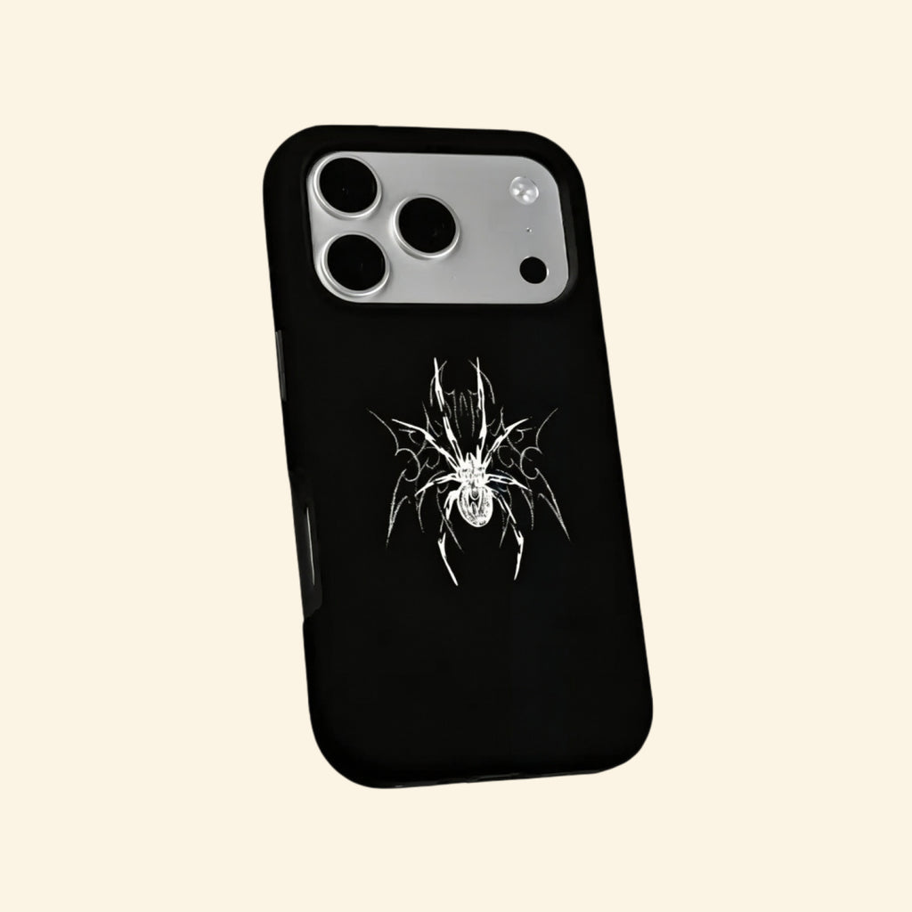 The Silver Arachnid case – flat lay back and side profile showing full tribal spider artwork and dual-layer matte black shell