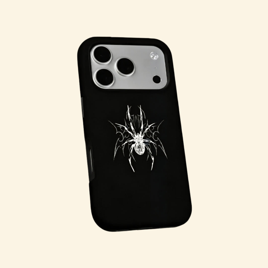 The Silver Arachnid case – flat lay back and side profile showing full tribal spider artwork and dual-layer matte black shell
