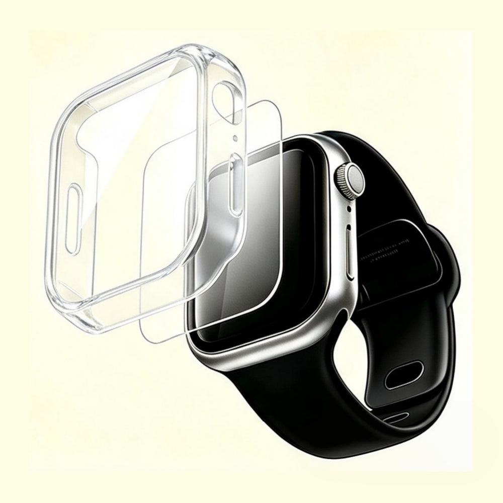 The Velvet Armor Crystal Clear – exploded view showing case, glass, and Apple Watch