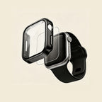 The Obsidian Core Pitch Black – exploded view showing case, glass, and Apple Watch