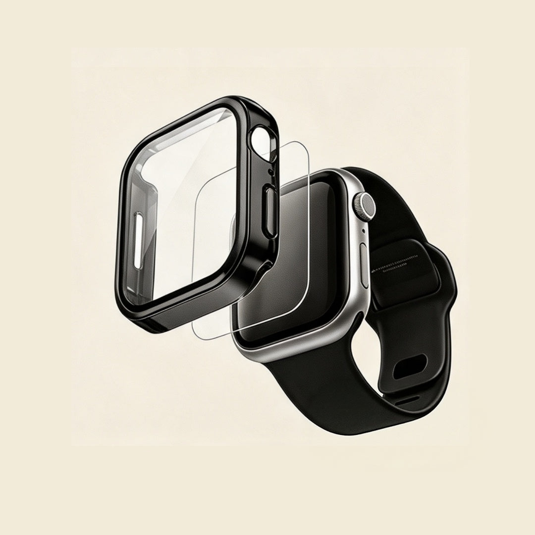 The Obsidian Core Pitch Black – exploded view showing case, glass, and Apple Watch