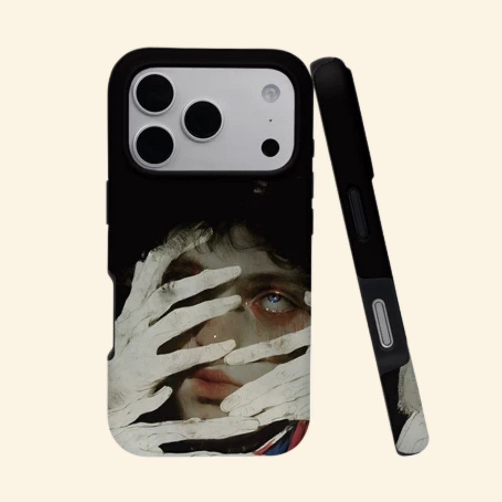 The Silent Gaze case – angled floating view showing surrealist pale hands reaching across shadowed face with piercing blue eye on obsidian black