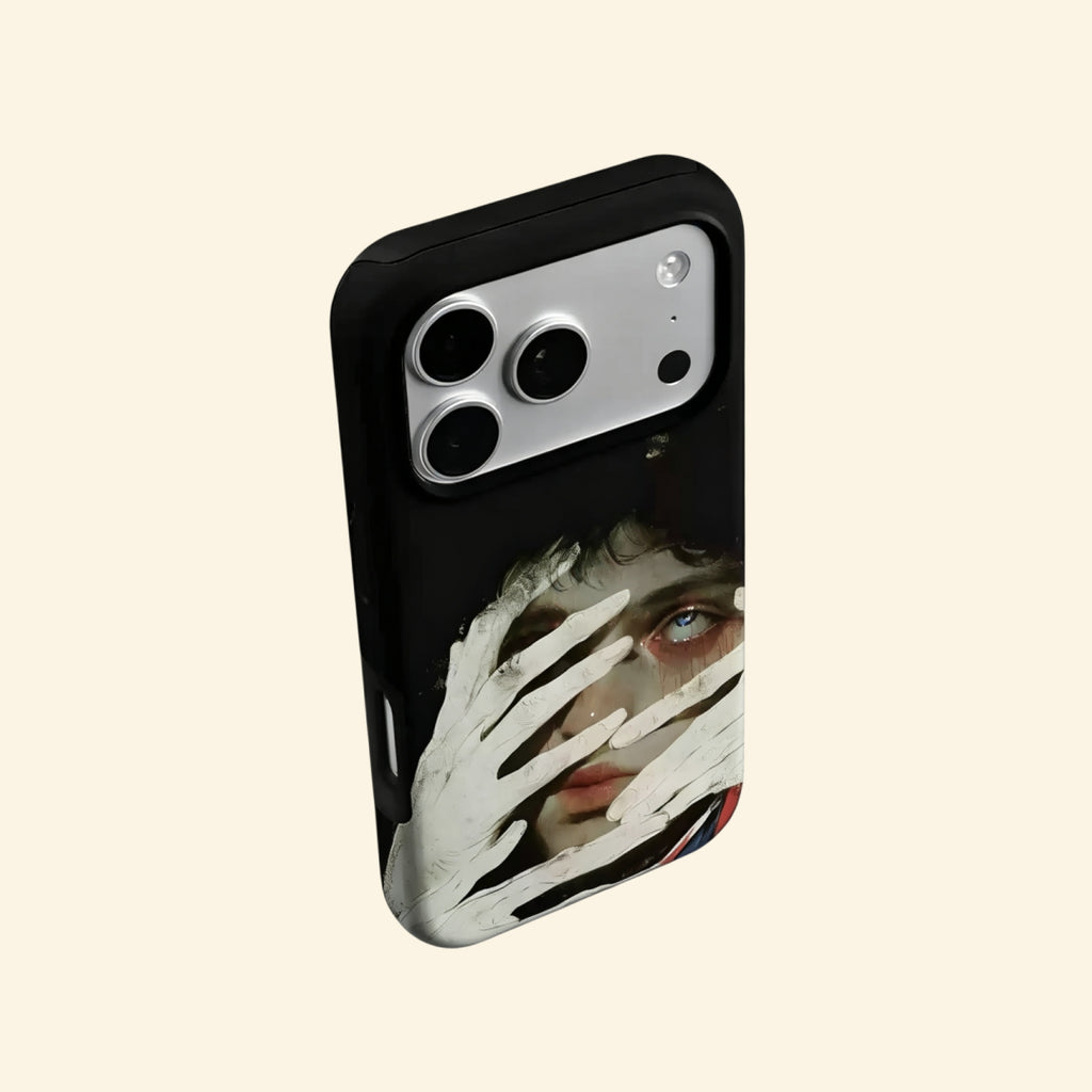 The Silent Gaze case – flat lay back and side profile showing full surrealist portrait artwork and dual-layer matte black shell