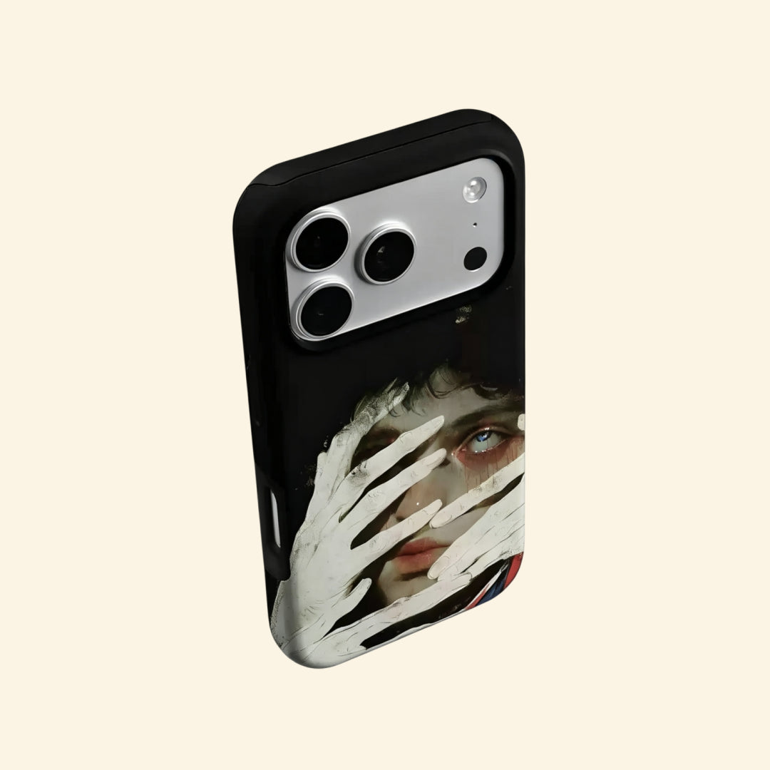The Silent Gaze case – flat lay back and side profile showing full surrealist portrait artwork and dual-layer matte black shell