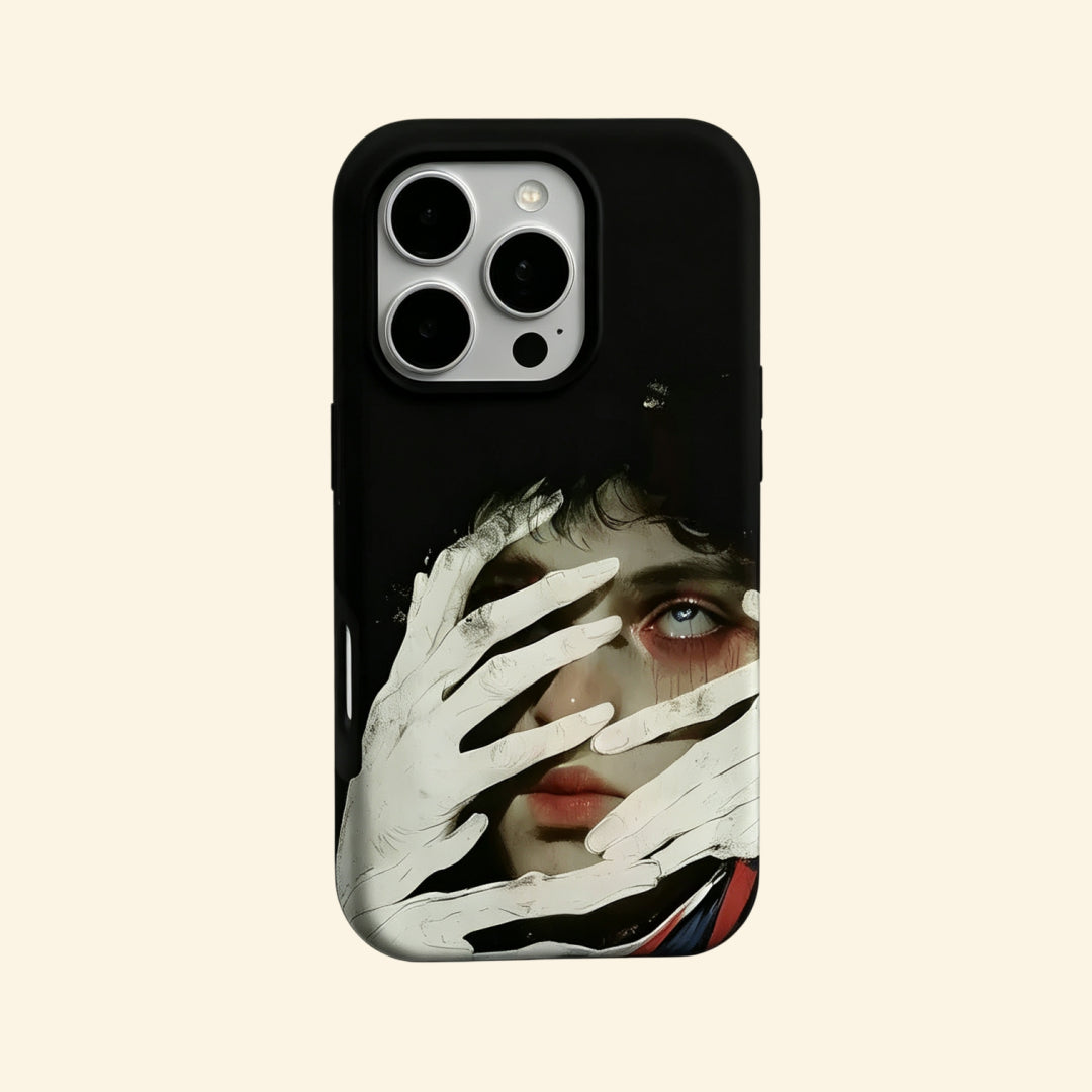 The Silent Gaze – Surreal Pale Hands & Blue Eye Portrait Fine Art iPhone Case