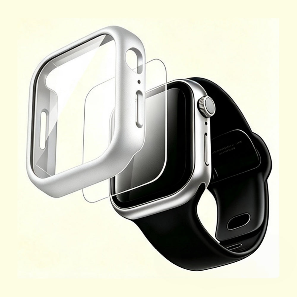 The Velvet Armor Starlight Matte – exploded view showing case, glass, and Apple Watch