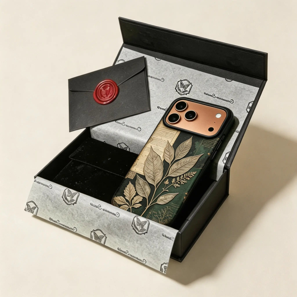The Laurus Specimen — Archival Parchment & Emerald Leaf Enclosure for iPhone 17 Pro Max