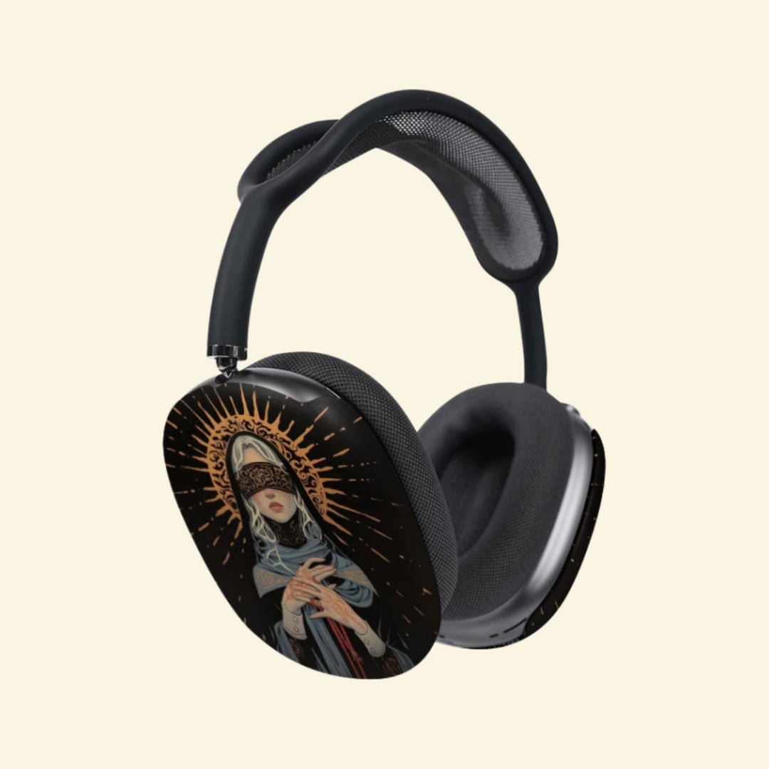 The Veiled Oracle — Blindfolded Saint Ear Cup Enclosure for AirPods Max (1st & 2nd Gen) - Carapace StudioAirPods Max AccessoriesCarapace StudioCarapace StudioCS-033-SANCTA-CAECA-V2The Veiled Oracle — three-quarter rear view of the gothic blindfolded saint AirPods Max ear cup cover