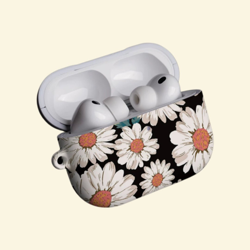 The Nocturnal Daisy — Vintage Botanical Floral Hard Case for AirPods Pro 3 & AirPods 4 - Carapace StudioAirPods CaseCarapace StudioCarapace StudioAirPods Pro 3Nocturnal Daisy AirPods case open with earbuds