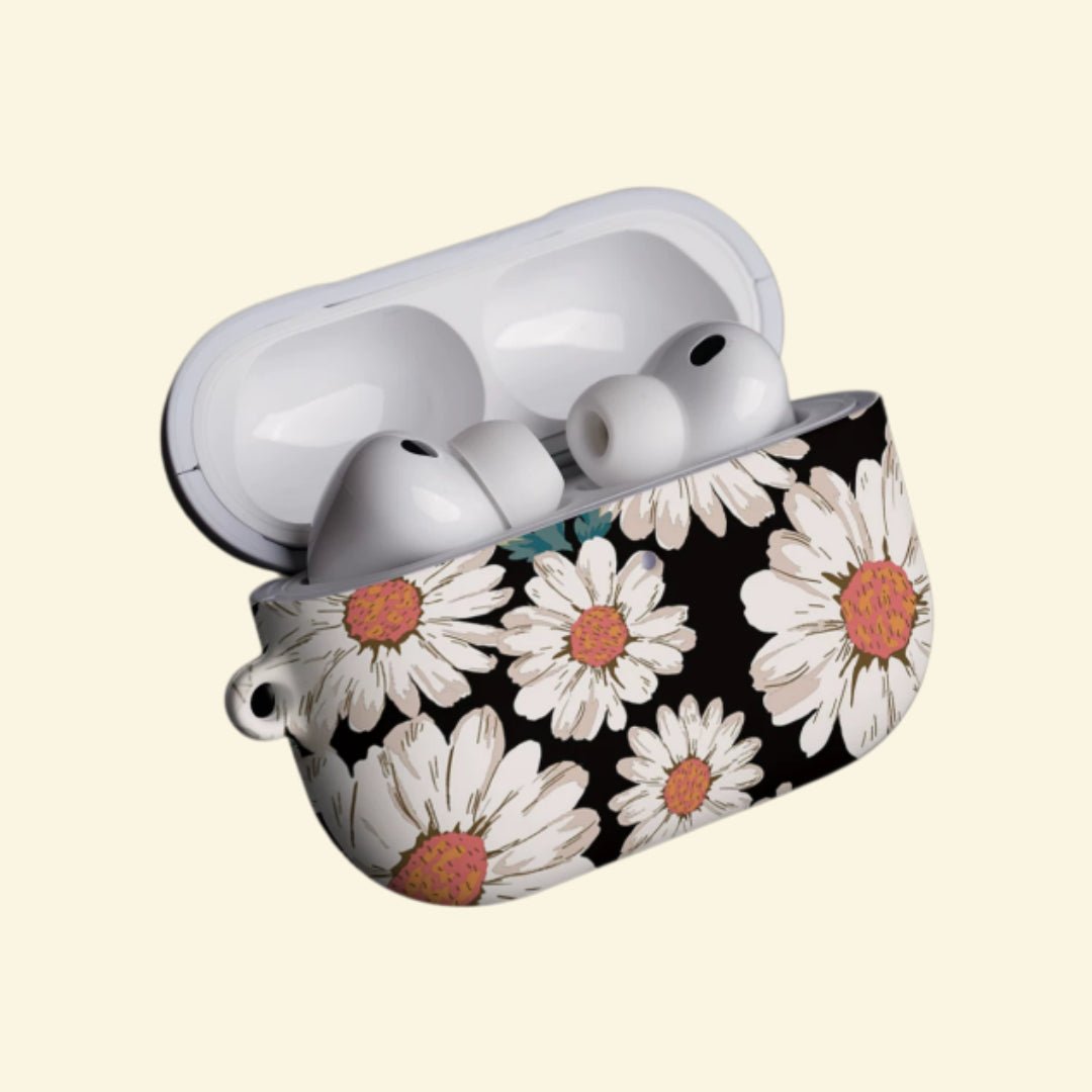 The Nocturnal Daisy — Vintage Botanical Floral Hard Case for AirPods Pro 3 & AirPods 4 - Carapace StudioAirPods CaseCarapace StudioCarapace StudioAirPods Pro 3Nocturnal Daisy AirPods case open with earbuds