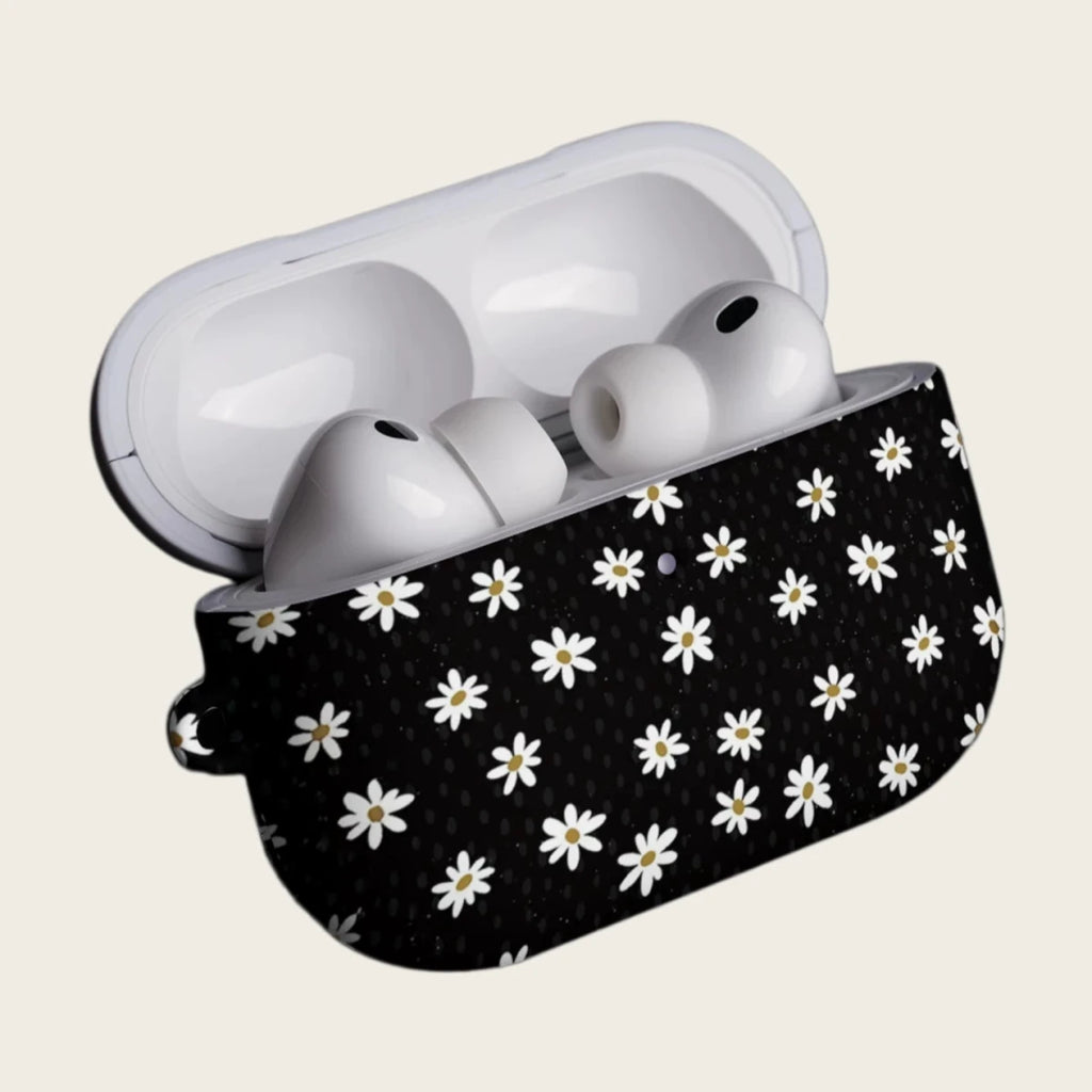 The Obsidian Daisy — Vintage White Floral Pattern Hard Case for AirPods Pro 3 & AirPods 4 - Carapace StudioAirPods CaseCarapace StudioCarapace StudioAirPods Pro 3Obsidian Daisy AirPods case front view