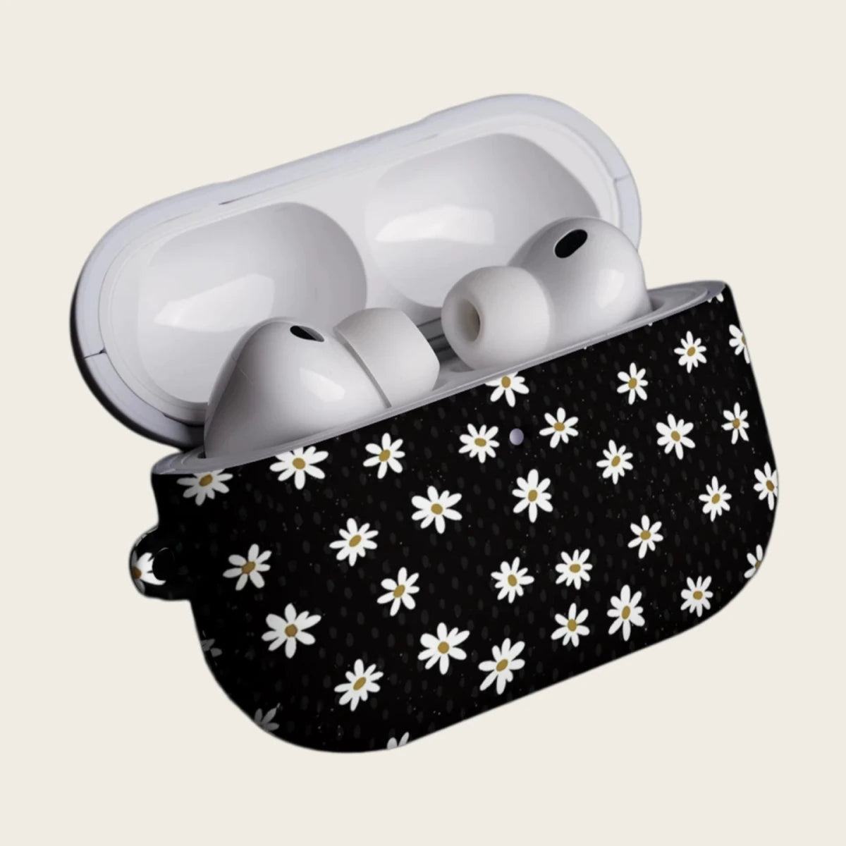The Obsidian Daisy — Vintage White Floral Pattern Hard Case for AirPods Pro 3 & AirPods 4 - Carapace StudioAirPods CaseCarapace StudioCarapace StudioAirPods Pro 3Obsidian Daisy AirPods case front view