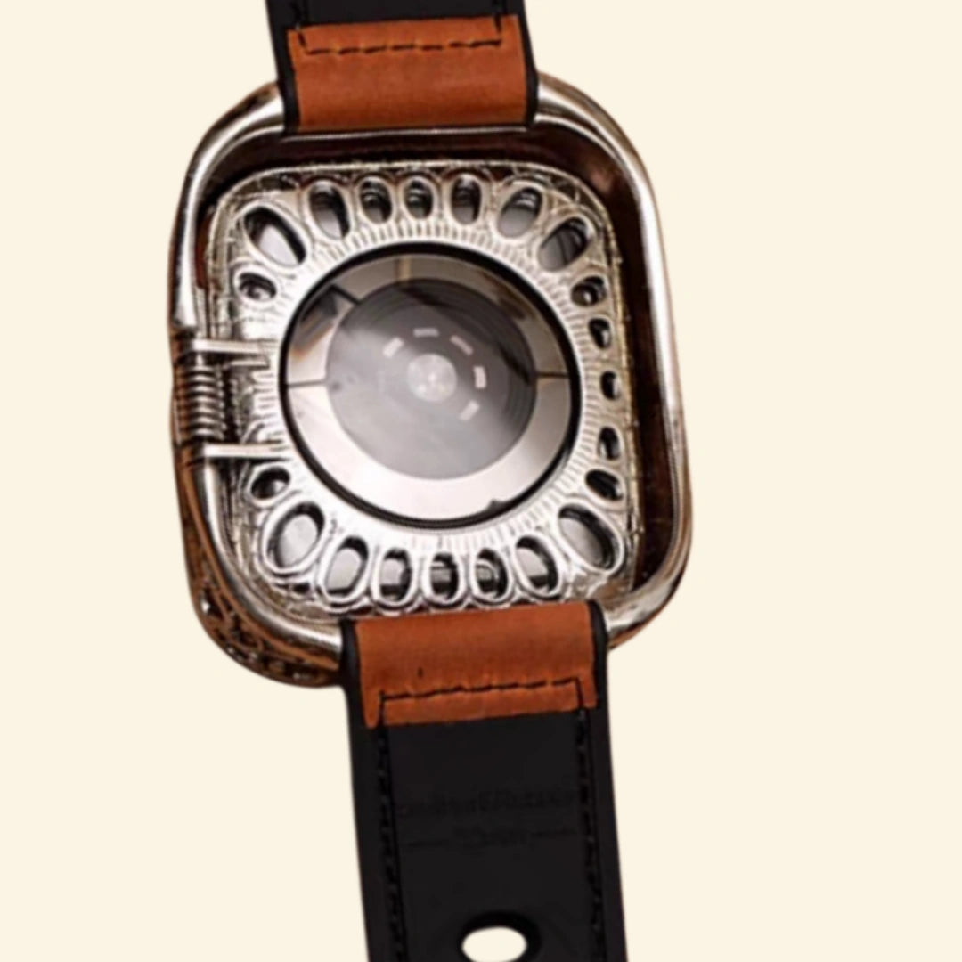 Baroque gunmetal black Apple Watch case — standalone front view showing full filigree scrollwork bezel on cream background