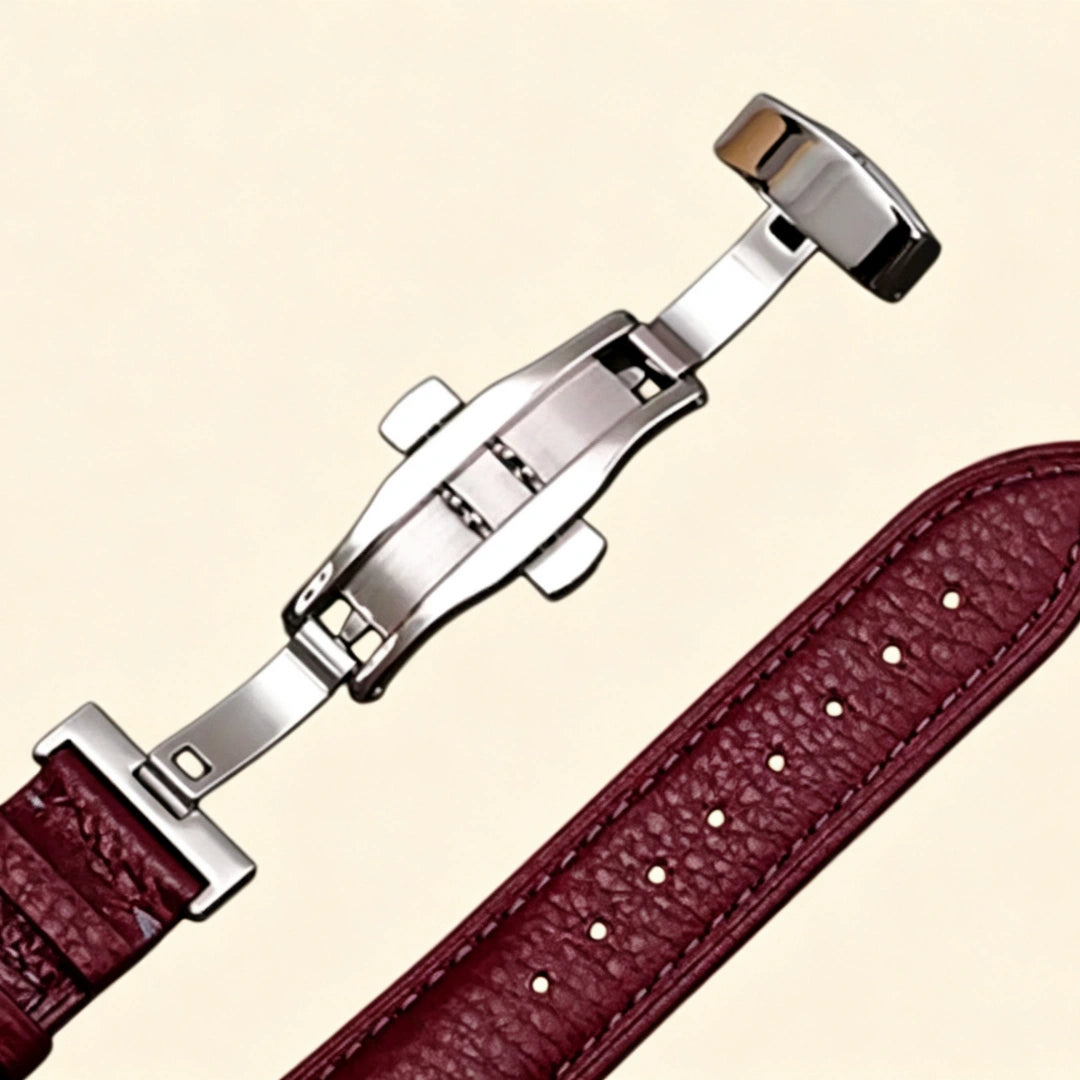 Baroque silver Apple Watch case detail composite — top: back sensor cutout and lug ports close-up; bottom left: case held in hand back view; bottom right: case side profile showing spring hinge