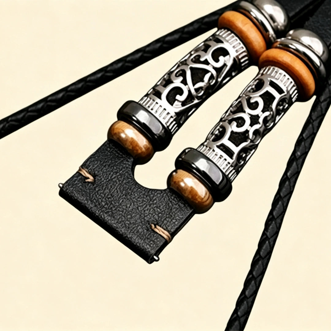 Baroque Archival Suite No. 10828 detail composite — top: antique gold filigree tube slider on braided cord; bottom: baroque silver case back showing spring hinge and sensor cutout close-up