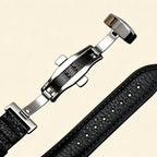 Baroque silver Apple Watch case detail composite — top: back sensor cutout and lug ports; bottom left: case held in hand back view; bottom right: case side profile showing spring hinge