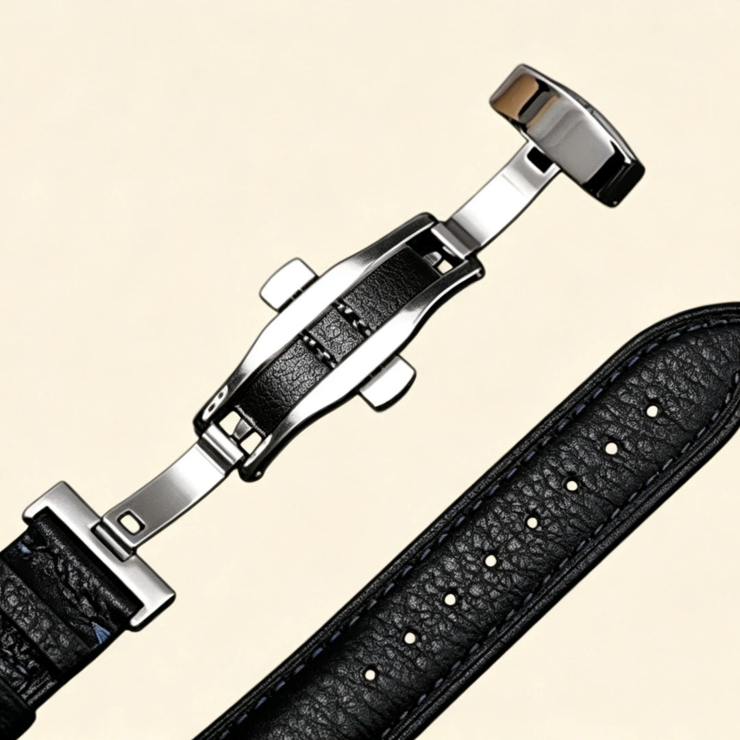 Baroque silver Apple Watch case detail composite — top: back sensor cutout and lug ports; bottom left: case held in hand back view; bottom right: case side profile showing spring hinge
