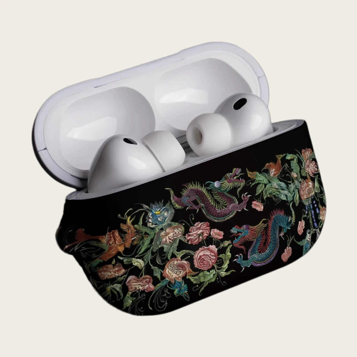 The Imperial Dragon — Vintage Dragon & Botanical Embroidery Hard Case for AirPods Pro 3 & AirPods 4 - Carapace StudioAirPods CaseCarapace StudioCarapace StudioAirPods Pro 3Imperial Dragon AirPods case open with earbuds