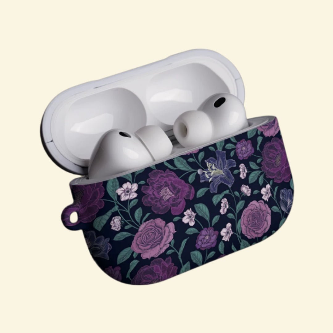 The Midnight Lily — Vintage Gothic Purple Botanical Hard Case for AirPods Pro 3 & AirPods 4 - Carapace StudioAirPods CaseCarapace StudioCarapace StudioAirPods Pro 3Midnight Lily AirPods case angled view