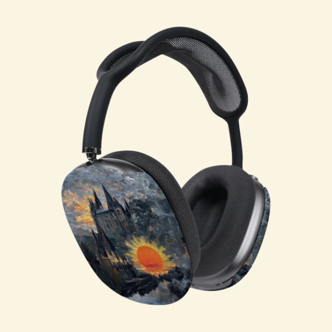 The Sunset Citadel — Gothic Castle & Radiant Sun Ear Cup Enclosure for AirPods Max (1st & 2nd Gen) - Carapace StudioAirPods Max AccessoriesCarapace StudioCarapace StudioCS-104-SOLIS-OCCASUSThe Sunset Citadel AirPods Max ear cup cover - close-up side view of gothic castle artwork
