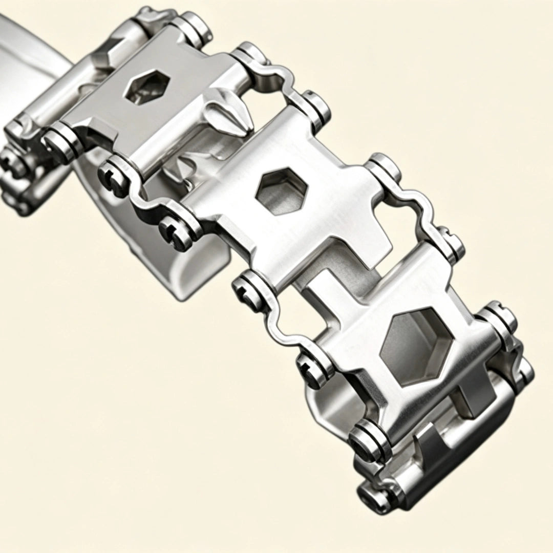 Stainless steel multitool bracelet close-up — hex driver and screwdriver link detail with polished silver finish, cream background